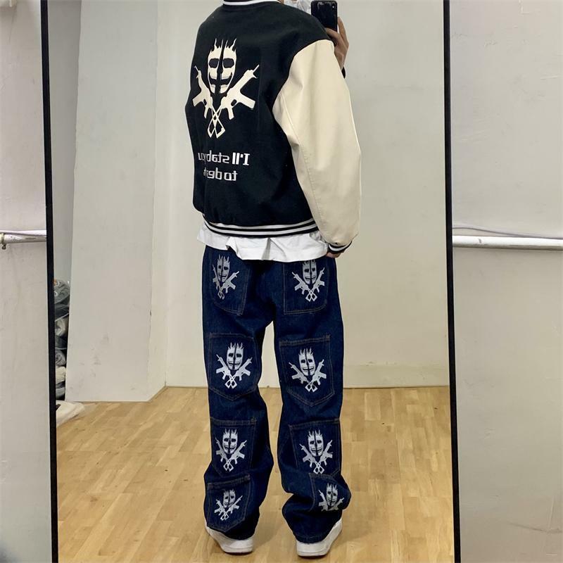 Skeleton Men's Pants Free Shipping Embroidered Loose Jeans Trousers Y2k Pants Baggy Cargo Wide Straight Casual Clothing