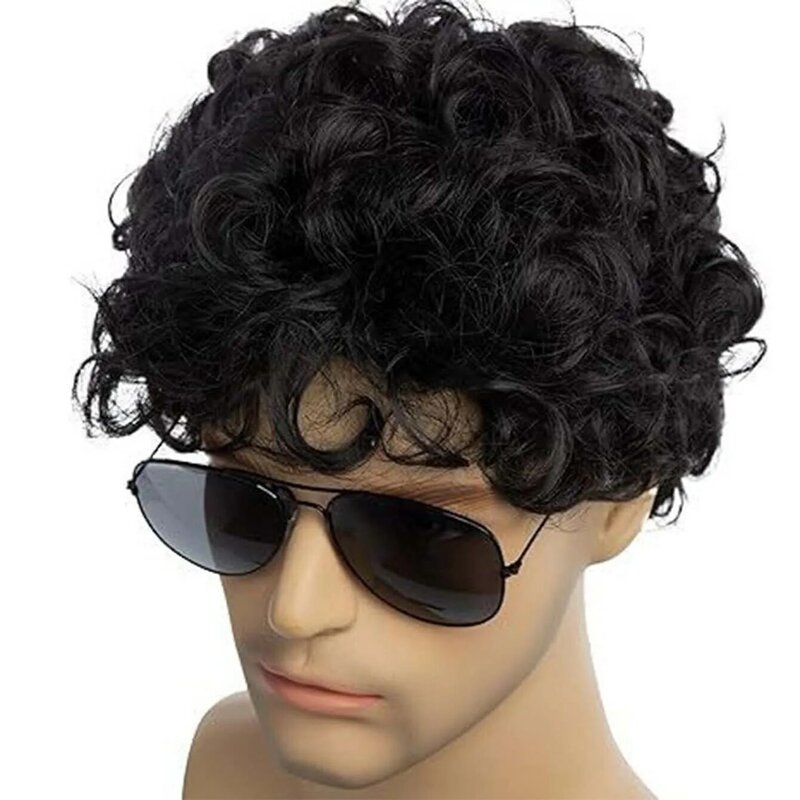 Wig untuk pria wig keriting hitam pendek sintetis dengan poni Cosplay penggunaan sehari-hari serat rambut palsu tahan panas