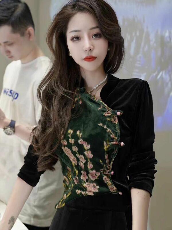 2023 spring new Retro national style disc buckle long sleeve velvet shirt female elegant blouse improved chinese style qipao top