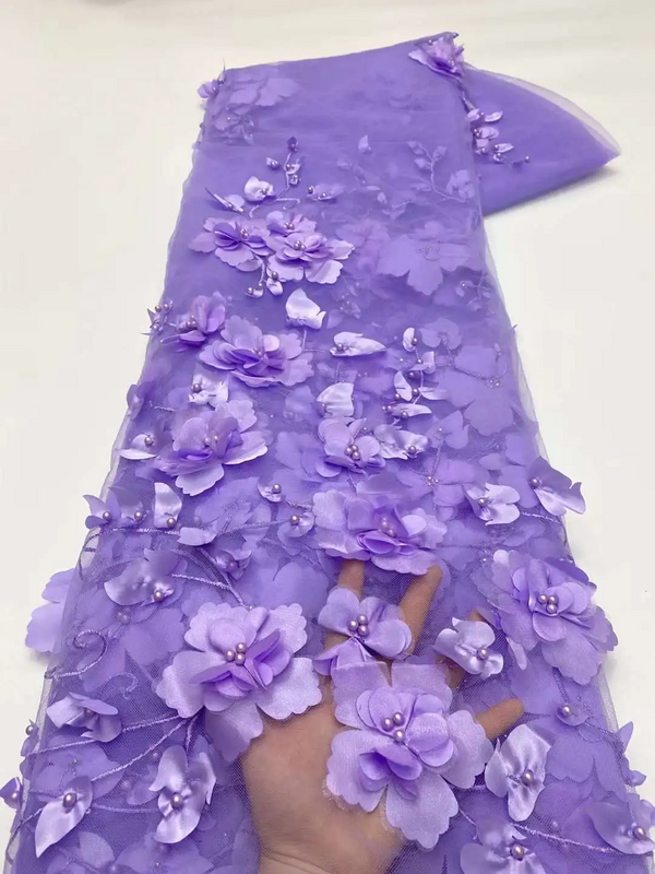 ผ้าลูกไม้สีฟ้าแบบฝรั่งเศส2022ลายดอกไม้3D ผ้าลูกไม้แอฟริกันพร้อมลูกปัดผ้าลูกไม้สำหรับ x-0200งานแต่งงาน