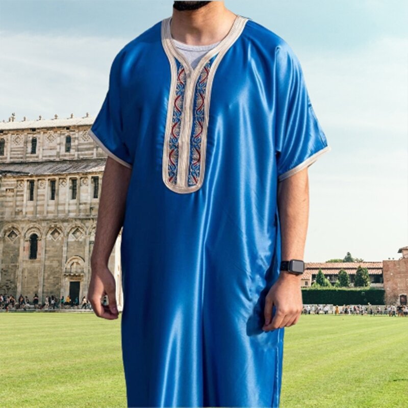 Robe Arabe Kaftan à Manches Courtes et Col Rond pour Homme, Vêtement Islamique Ethnique