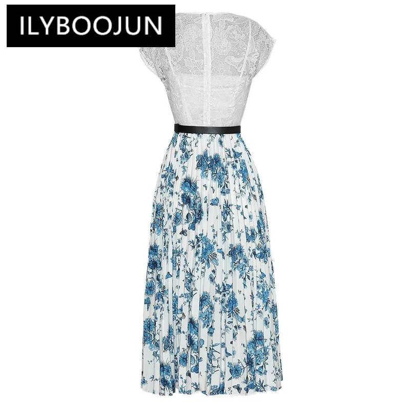 ILYBOOJUN-Vestido estampado plissado feminino, decote em O, manga curta, faixas, Hollow Out, patchwork, High Street, estilista, verão