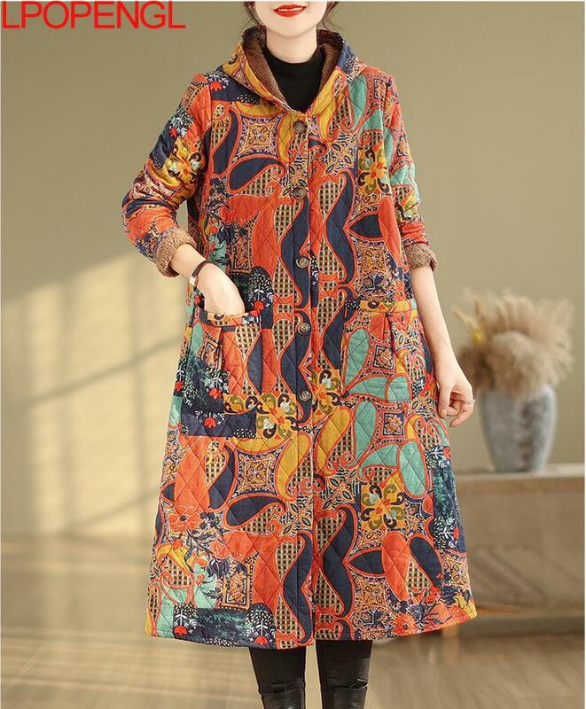 Fashion Women's Winter Flowers Hooded Single Breasted Cotton Jacket New Warm Loose Ethnic Style Long Sleeves Wide-waisted Coat