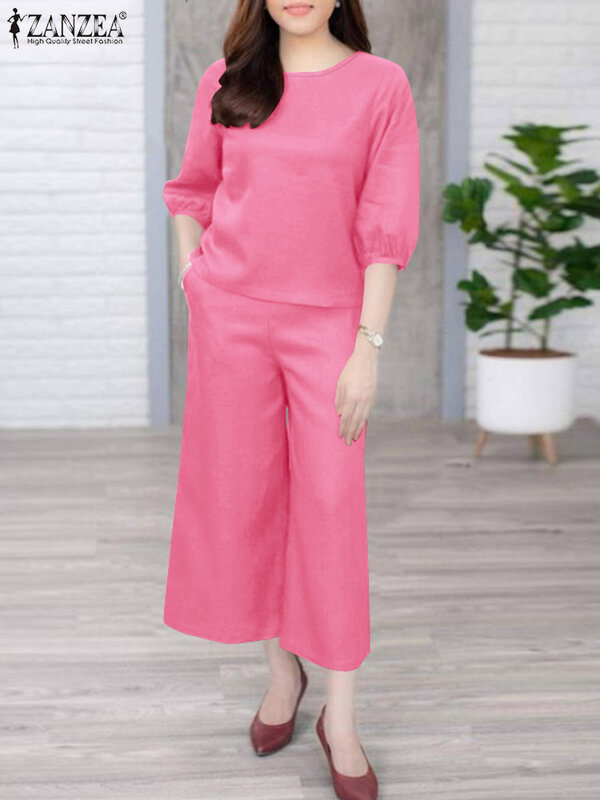 Moda ZANZEA zestawy spodnie damskie szerokie z szeroką nogawką prosty bluzka z rękawami kloszowymi dres miejski dres w jednolitym kolorze strój 2 szt