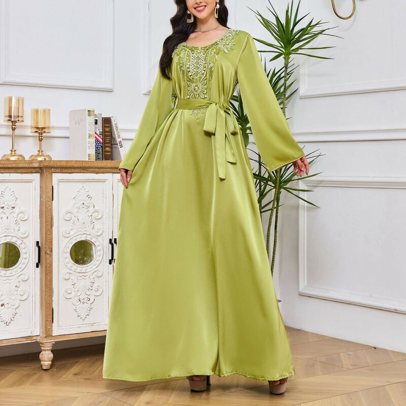 Damen kleider für Sommer lässig Frauen Rundhals ausschnitt Perlen Blumenmuster High-End lang ärmel ige muslimische High-End-Lang kleid