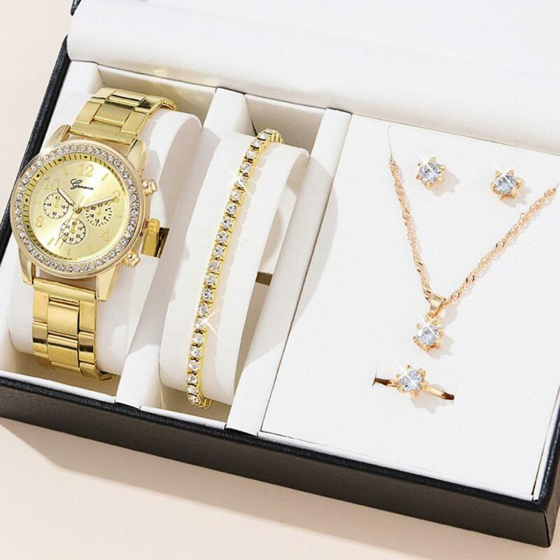 1 Set Watch Jewelry Set Watch Earrings Bracelet Necklace Ring Rhinestone Decor Quartz Watch Birthday Gift Stainless Without Box