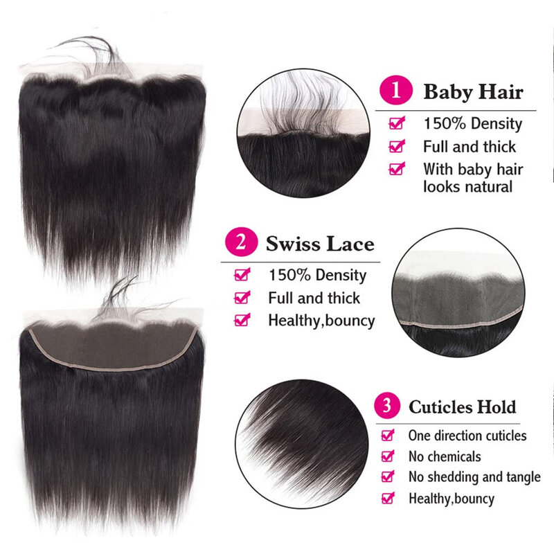 Extensiones de cabello humano brasileño liso para mujeres negras, 3 mechones con cierre Frontal transparente de 13x4, 4x4
