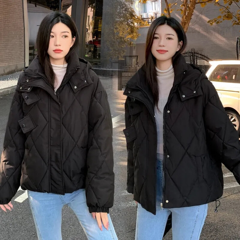 Kurtka zimowa damskie parki 2023 koreańska moda puchowa kurtka bawełniana długi rękaw kurtka z kapturem w stylu Casual, na zamek błyskawiczny luźny odzież na śnieg płaszcz