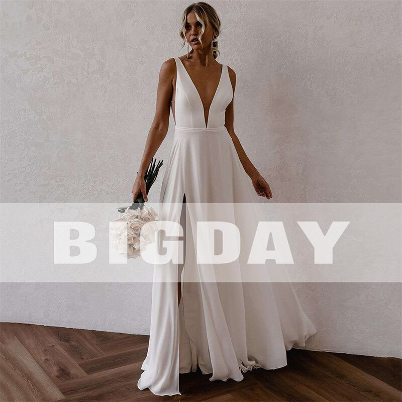 Elegant A-Line Wedding Dresses V-Neck Spaghetti Straps Split Open Back Chiffon Pleat Bridal Gown Sweep Train Vestidos De Noiva