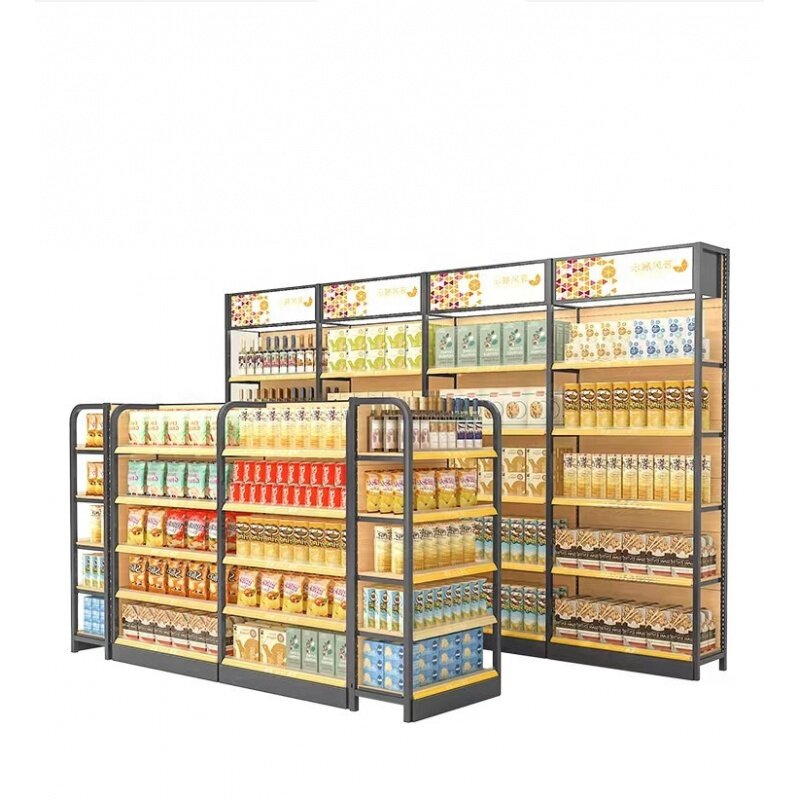 Personalizzato, a buon mercato negozio al dettaglio scaffalature drogheria minimarket scaffale del supermercato scaffali in ferro di legno per impieghi gravosi negozio di gondola in legno