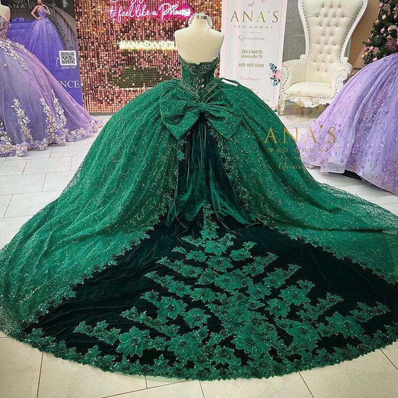 EVLAST-vestido de quinceañera verde esmeralda brillante, traje de baile con Apliques de encaje, cuentas, dulce 16, 15 Años, TQD031