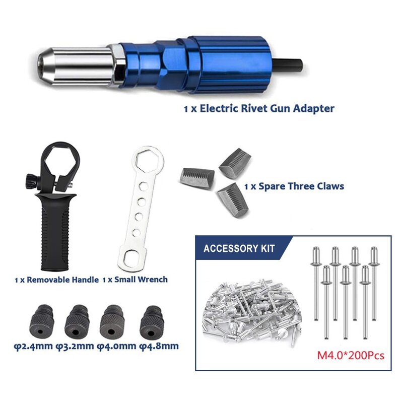 Elétrica Rivet Gun Adapter, 2,4 milímetros-4,8 milímetros, Home Cordless Rebitagem Ferramenta, Inserir Porca, Pull, Adequado para brocas elétricas