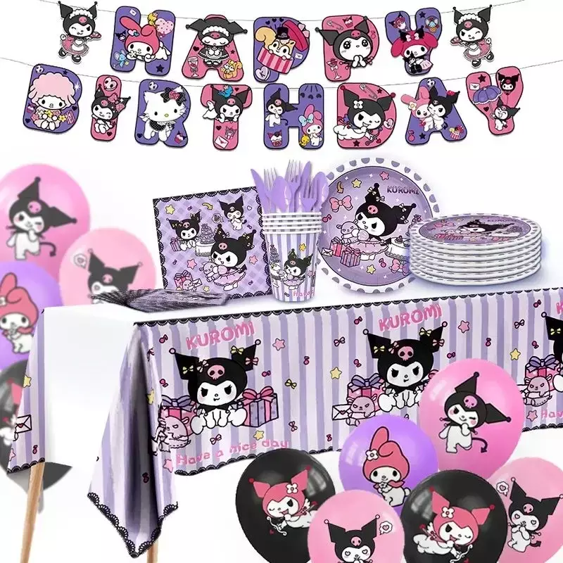 Sanrio Kuromi-manteles desechables con temática Kawaii para niños y niñas, Decoración de mesa de postre para fiesta de cumpleaños