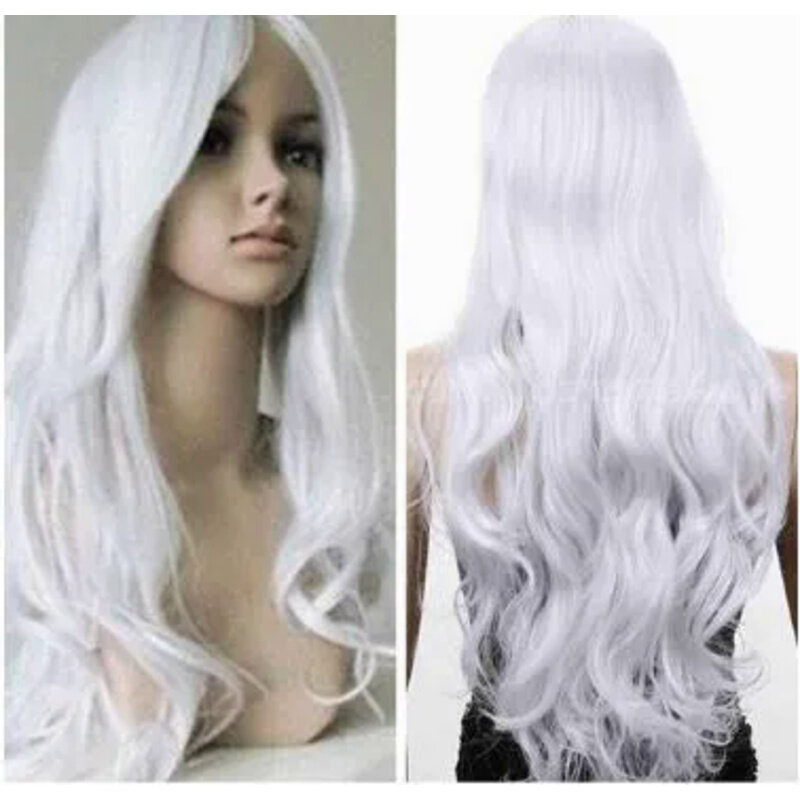 Wig panjang Putih bergelombang, gaun cosplay penuh rambut palsu