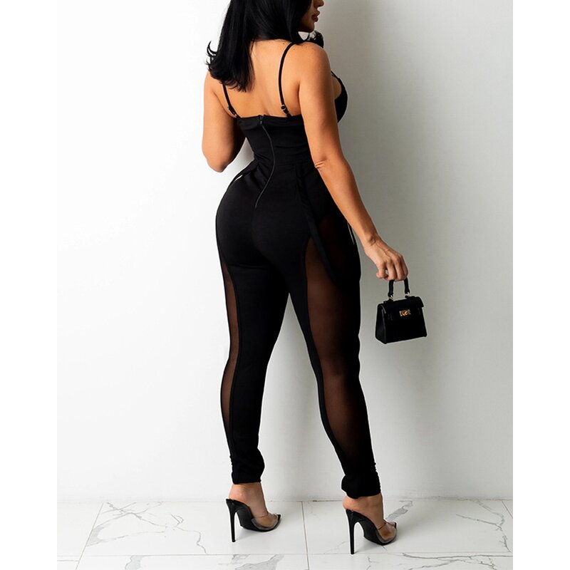 Women Contrast Sheer Mesh Sexy Jumpsuit Spaghetti Strap Backless Tassel Design Black Skinny Jumpsuits One-Piece Party Outfit