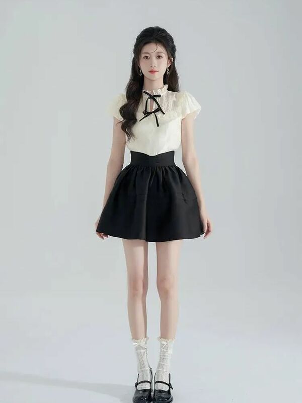 Xiaoxiangfeng-Conjunto de 2 piezas para mujer, camisa de estilo universitario, falda negra de estilo coreano, vestido femenino