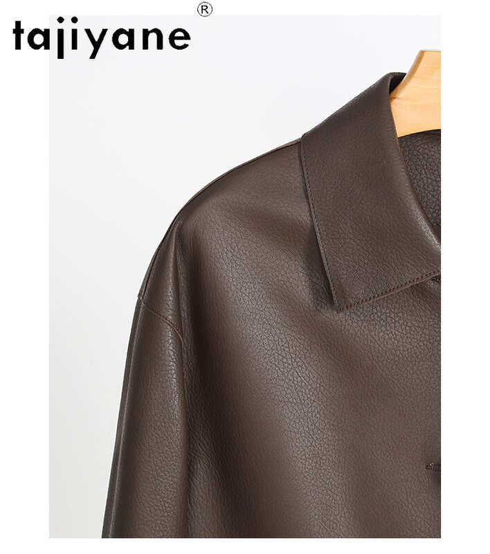 Tajeyane-Chaqueta de cuero auténtico para mujer, abrigo de piel de oveja auténtica, de un solo pecho, con cuello vuelto