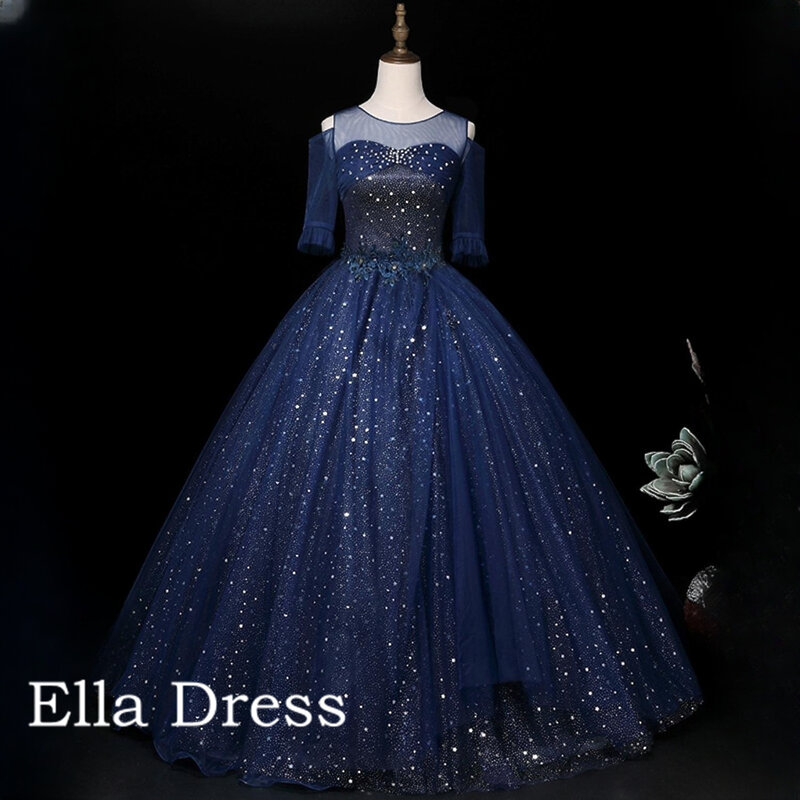 Ella-O-الرقبة نصف كم ثوب الكرة ، الأزرق الداكن ، الكلاسيكية ، أنيقة ، بلينغ ، مشرقة ، الوهم ، حجم كبير ، جديد ، 2023