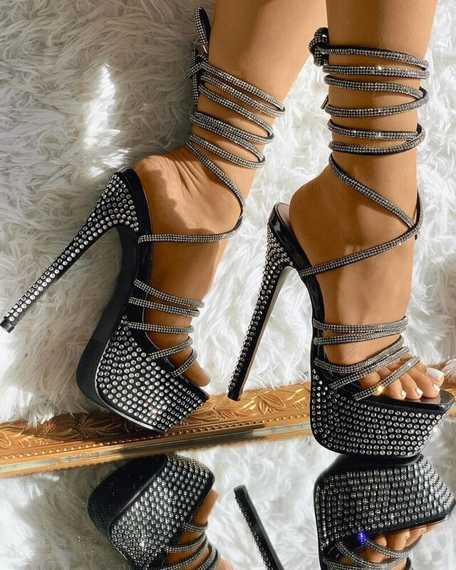 Sandalias de plataforma con borde ostentoso para mujer, zapatos de tacón de aguja, punta cuadrada, envoltura en el tobillo, fiesta moderna, nueva llegada, moda