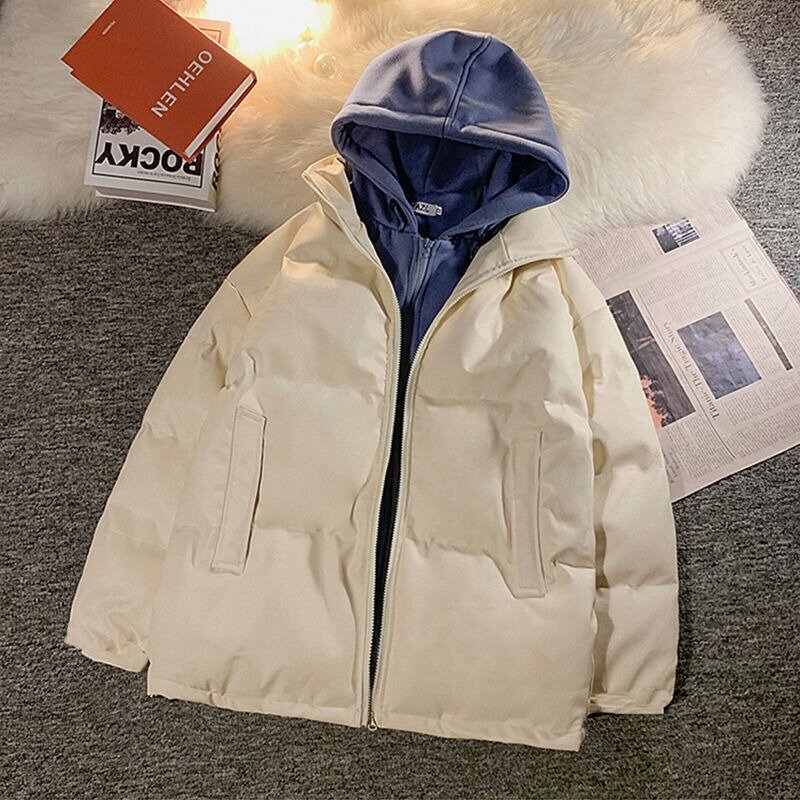 2023 New Men Down Cotton Coat Winter Jacket False Two Pieces Loose Parkas Thicken Warm Trend Outwear Hooded Leisure Overcoat