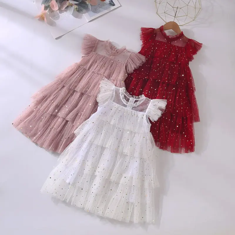Тюлевые платья принцессы для девочек, платья с рукавами-фонариками, радужными звездами и блестками, детское Сетчатое Пышное Платье для дня рождения