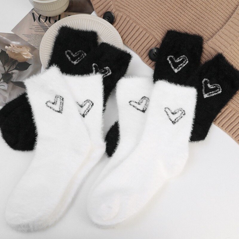 Mink Velvet Socks Women Lovely Cozy Hairy Autumn Winter Warm Hosiery Thickened Plush Sleep Floor Fluffy White Heart-shaped Socks
