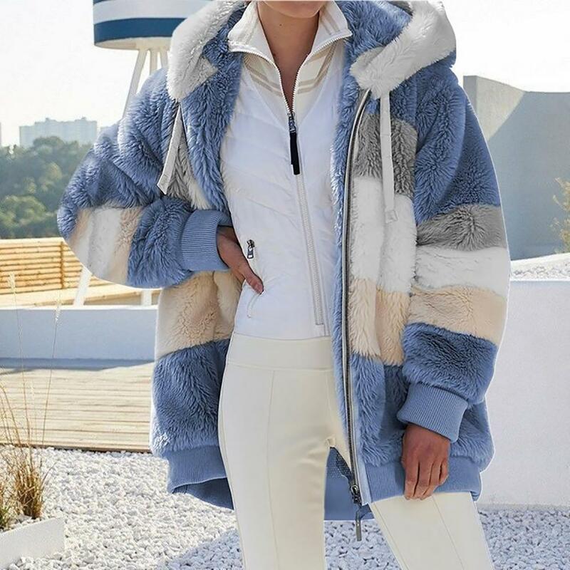 Chic Winter Coat Color Block Hooded Fluffy Elastic Cuff Colors Matching Winter Coat