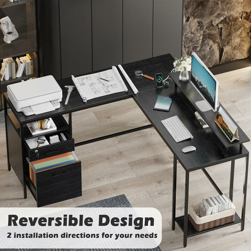 Reversible Computer Desk with Power Outlets & File Cabinet, L Shaped Corner Desk with Monitor Stand & Storage Shelves, Black