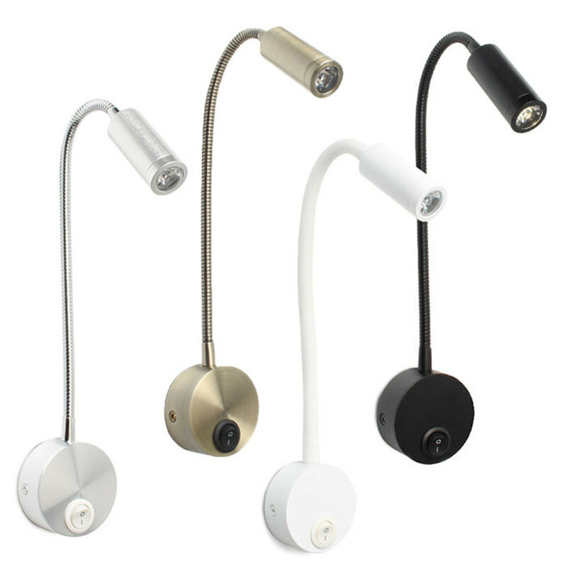 Bronze Gooseneck LED luz de leitura, lâmpada de parede, cama cabeceira, secretária, interruptor de cabeceira, lâmpada da noite, 3W, preto, branco, prata, 4000K