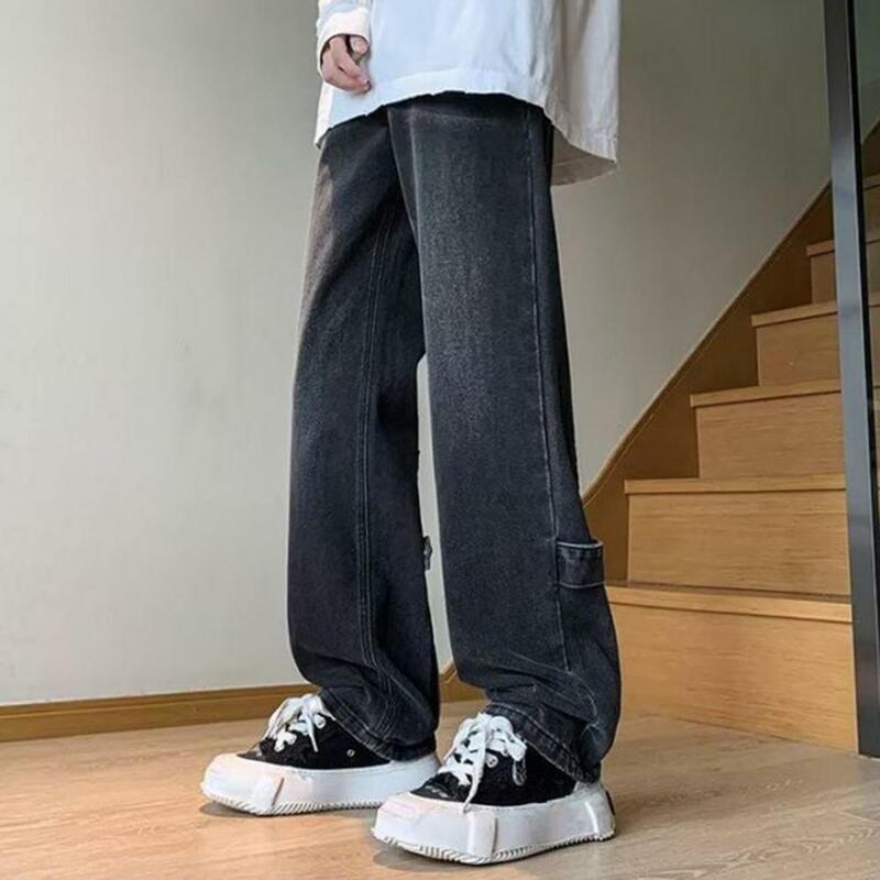 Jeans retrô de perna larga masculino, calças compridas, reto, solto, macio, hip hop, cintura média, colorfast, vintage