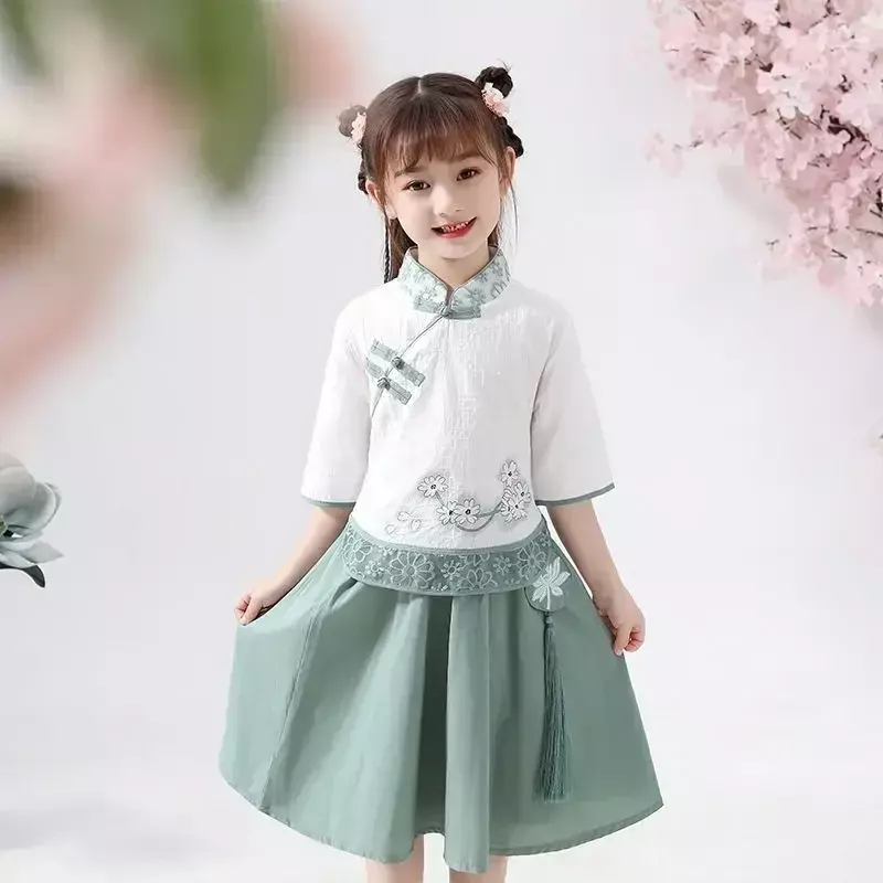 Starożytny kostium dla dzieci w stylu chińskim mała dziewczynka strój Tang 2023 lato nowa sukienka ceremonia ukończenia szkoły Hanfu śliczna sukienka w stylu Qipao