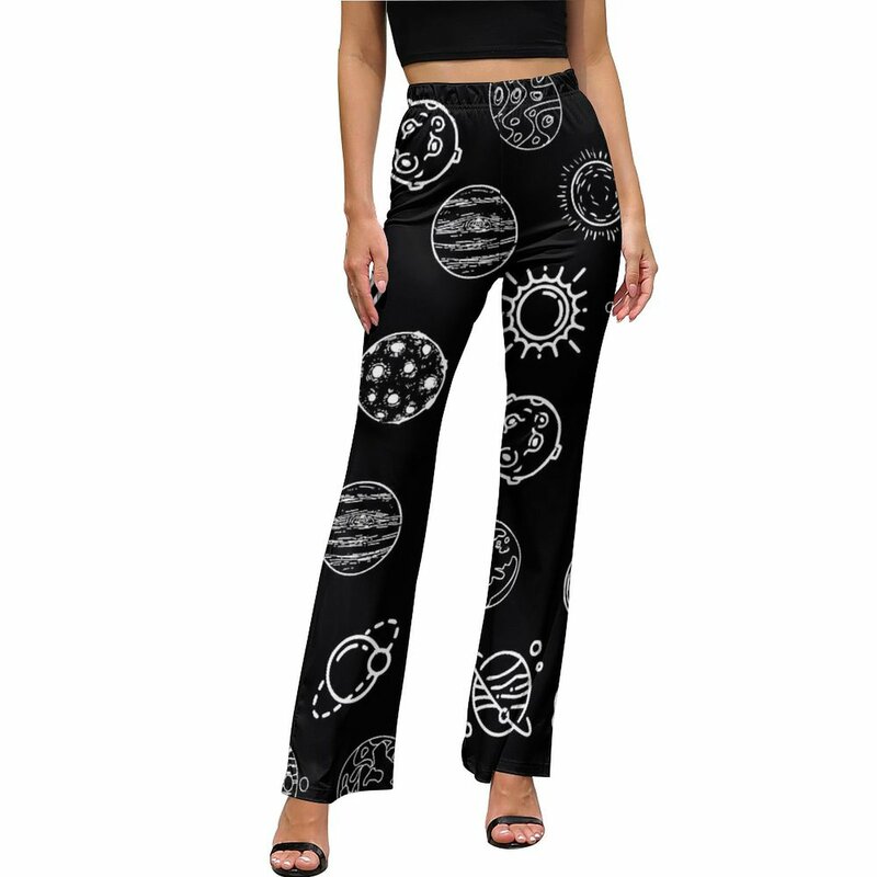 Calças fofas com design espacial, cintura alta elástica, arte dos planetas, calças estéticas, verão
