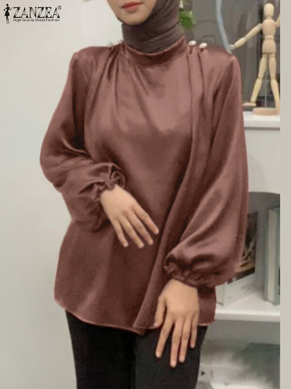 2023 ZANZEA elegancka damska satynowa bluzka jesienna z długim rękawem solidna koszula biurowa moda muzułmańska Top luźne bluzki na imprezę