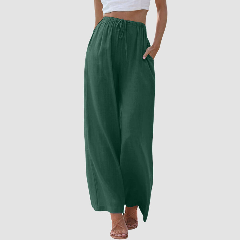 Boho Casual Pants for Women Loose Vintage Solid Basic Drawstring High Waist Wide Leg Trousers Summer Women's Comfy Beach Pants