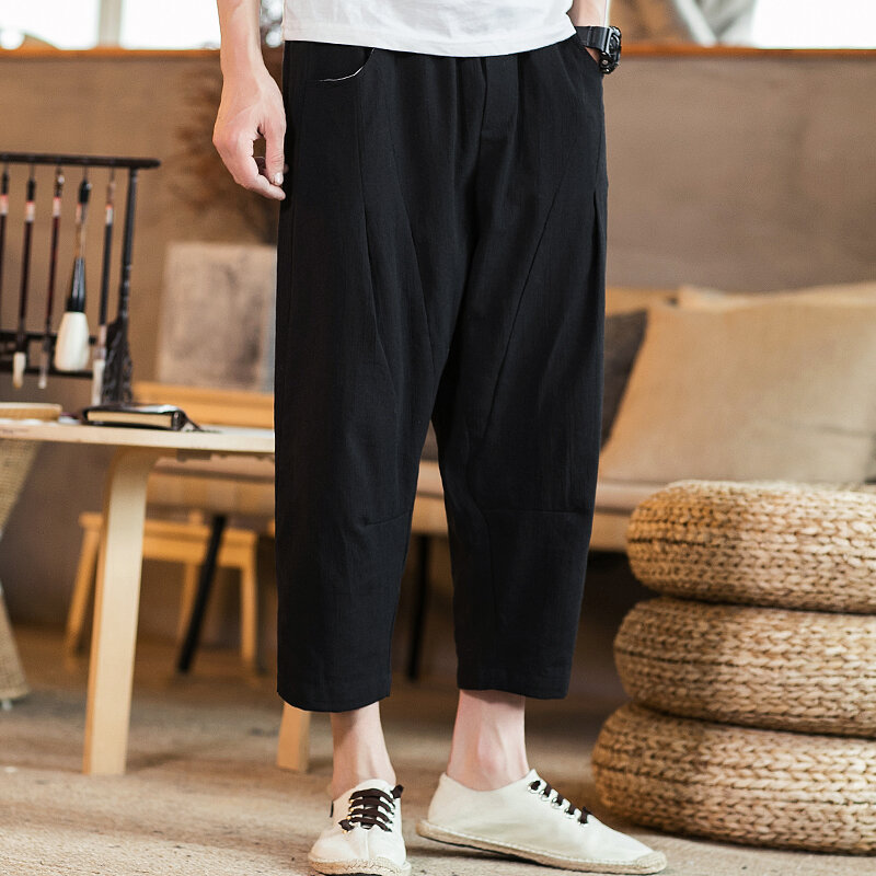 Pantaloni Harem da uomo pantaloni da jogging stile Harajuku pantaloni da uomo in cotone e lino al polpaccio pantaloni larghi da uomo primavera estate nuovi Streetwear
