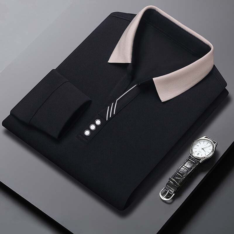 Autumn New Men's Long-sleeved Polo Shirt Business Casual Slim Elastic Top Fashion Scissor Collar Solid Color