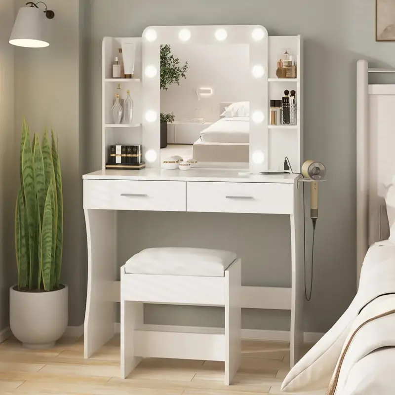 Tocador de maquillaje con tira de alimentación, mueble blanco ajustable con espejo, 3 colores de iluminación, 2 cajones grandes