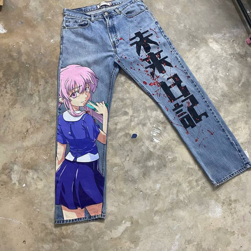 Retro workowate dżinsy graficzny Hip Hop nadruk Anime jeansy New Harajuku jeansy Y2k męskie kobiety Goth wysoki stan szerokie spodnie