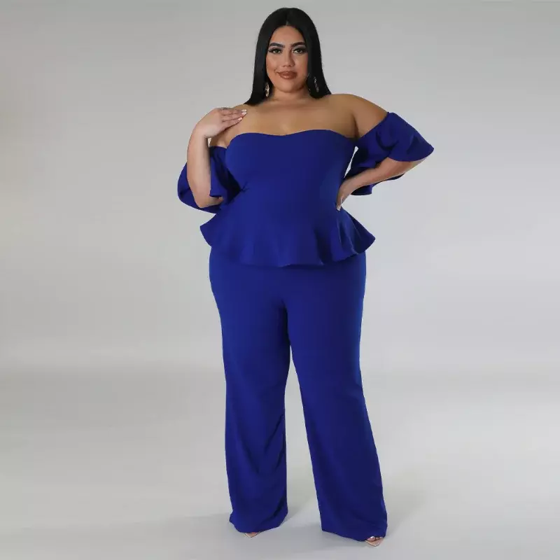 KEXU Sexy Strapless Plus Size Women Plunging Ruffles Short Sleeve High Waist Straight Jumpsuit Romper Elegant Party Overalls