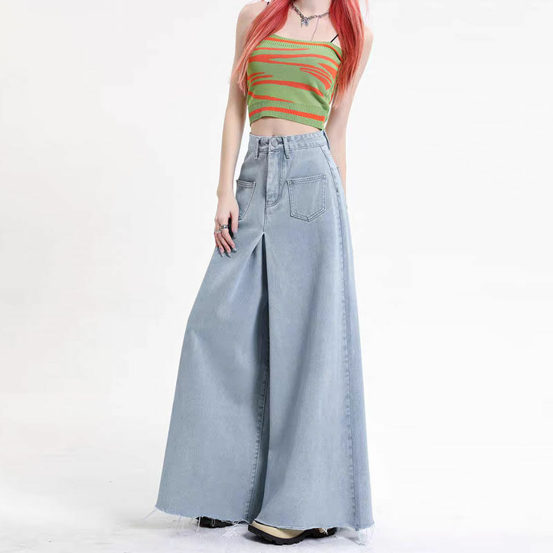 Light Blue Wide Leg Jeans for Women's 2024 Summer High Waisted Loose Fitting Hong Kong Style Fashion Design Straight Leg Pants