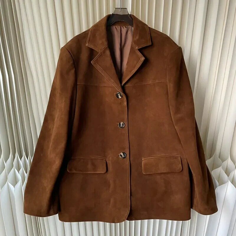 Wysokiej jakości brązowy damski płaszcz z zamszu prawdziwy skórzany strój na guziki wiosenno-jesienny damski modny krótkie cienkie kurtka damska