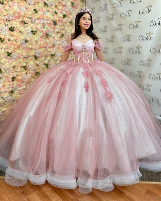 Pink Gillter Princess Quinceanera Dresses Off Shoulder Boning Corset Applique Chapel Train vestidos 15 quinceañera Prom