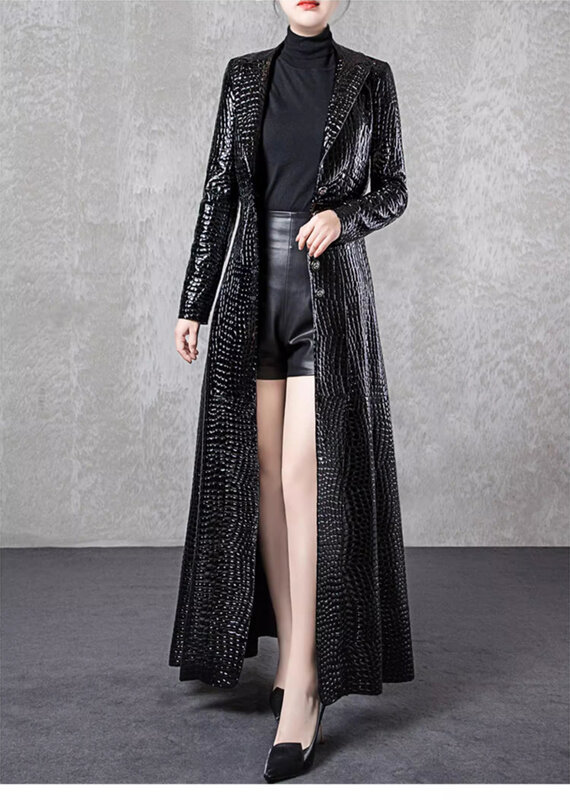 2024 Autumn Extra Long Black Shiny Reflective Crocodile Print Patent Faux Leather Trench Coat for Women with Side Double Slit