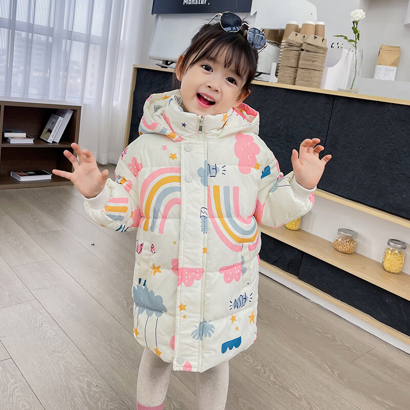 Winter Long Style Girls Down Jackets Keep Warm Cotton Coat Autumn Hooded Windbreaker Outerwear for 2-7 Years Kids Clothes