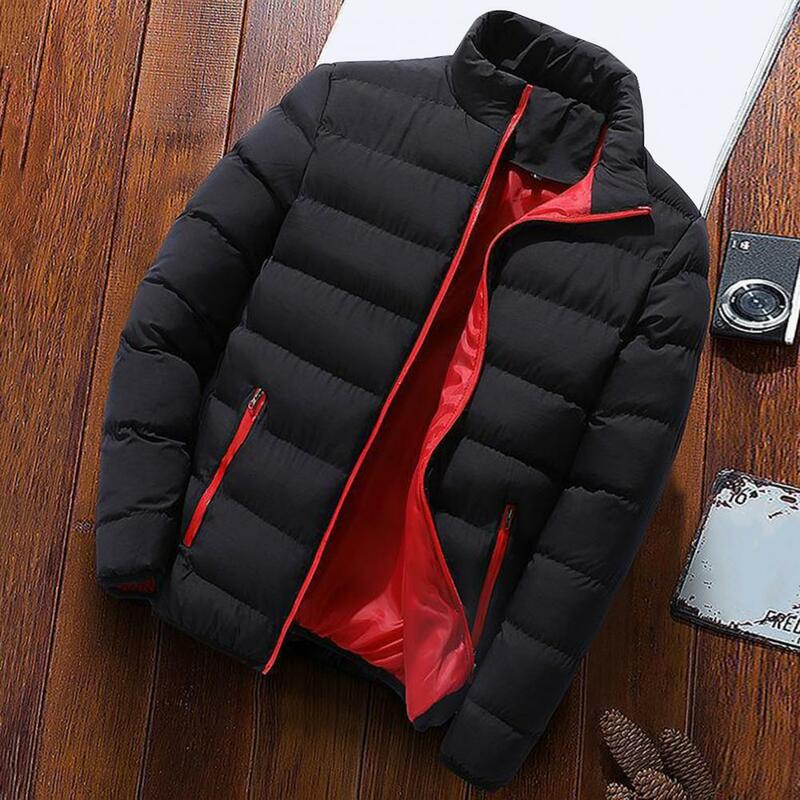 Men Winter Coat Padded Thick Zipper Closure Stand Collar Outerwear Long Sleeve Windproof Soft Warm Cold Resistant Men Jacket
