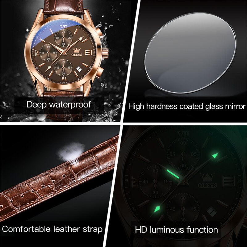 OLEVS-Relógio Quartz de Couro Impermeável para Homens, Relógios Empresariais, Cronógrafo Multifuncional, Data, Top Brand, Luxo