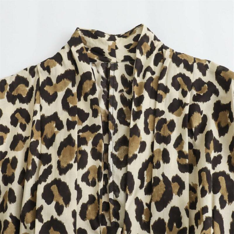 Frau Leoparden muster gedruckt Hemd Gürtel Midi Kleid elegante V-Ausschnitt Schnürung plissiert Slim Fit lose Midi-Kleid 2024 Mode Roben