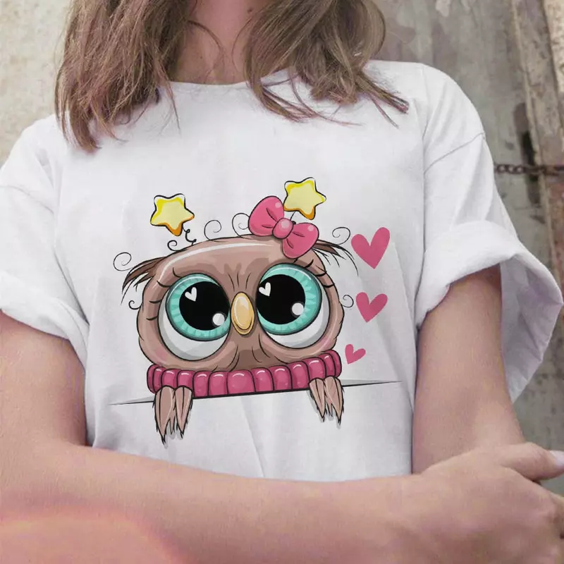 Cute Owl Print T-Shirt Cute Cartoon Owl Top Fashion Casual Shoulder Tshirt donna T-Shirt oversize abbigliamento donna Top Tee