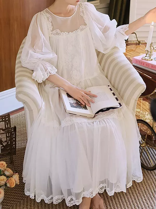 Gaun tidur putri peri wanita, baju tidur jala Vintage renda leher bulat kasual putih panjang musim semi musim panas