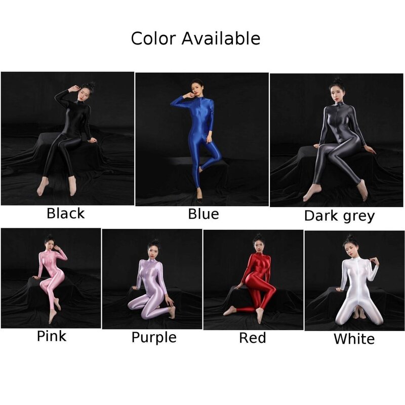Bodysuit feminino de manga comprida com zíper, meia-calça de corpo inteiro, macacão óleo brilhante, roupas esportivas femininas sexy como seda, mulheres